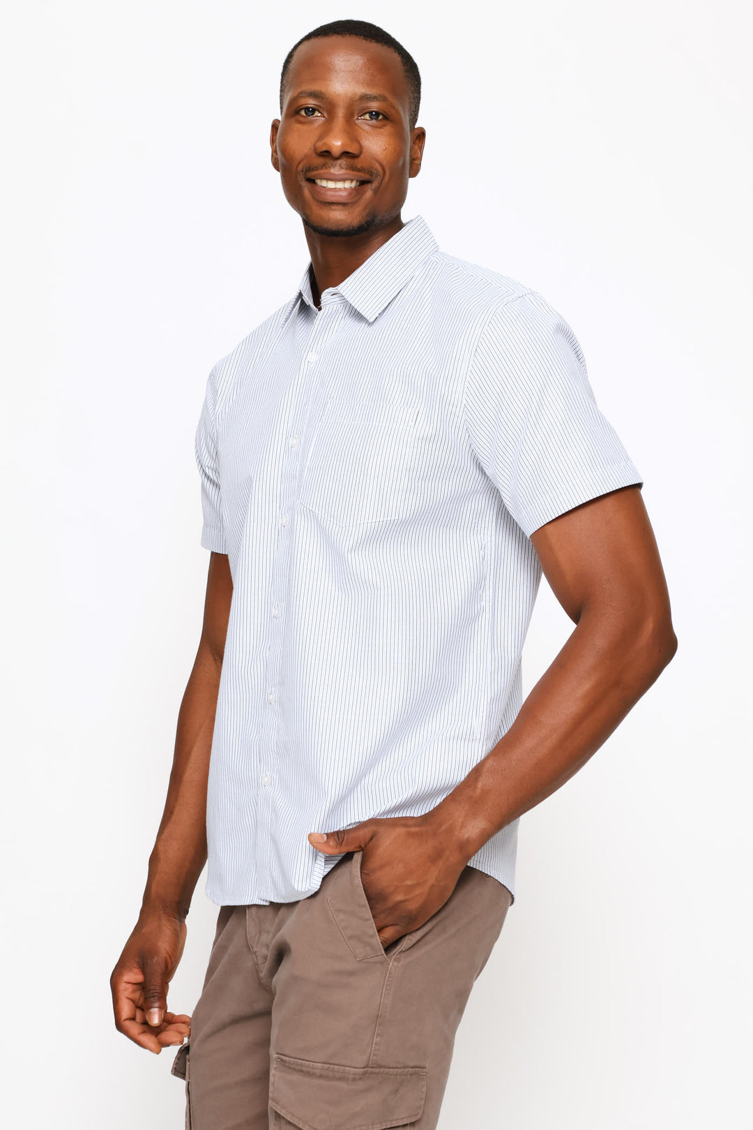 Short Sleeve Thin Stripe Regular Shirt - White/Fatigue/Blue