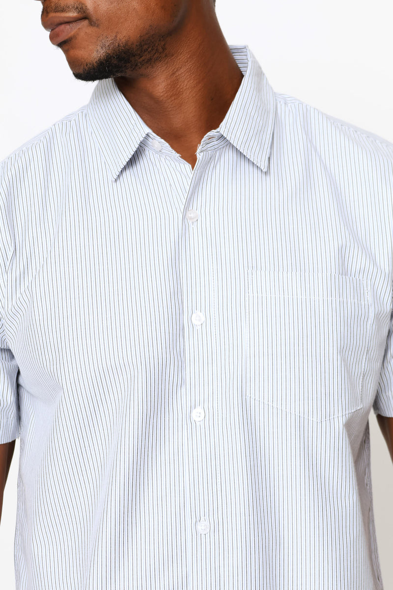 Short Sleeve Thin Stripe Regular Shirt - White/Fatigue/Blue