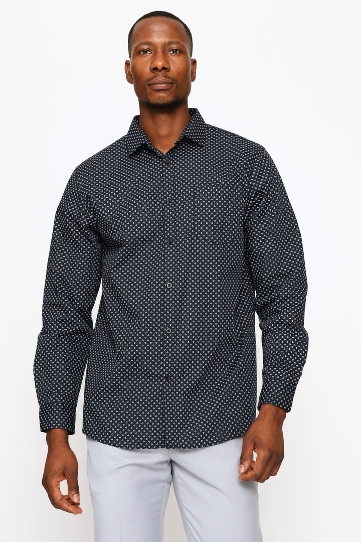 Regular Long Sleeve Ditsy Geo Printed Shirt - Black/White