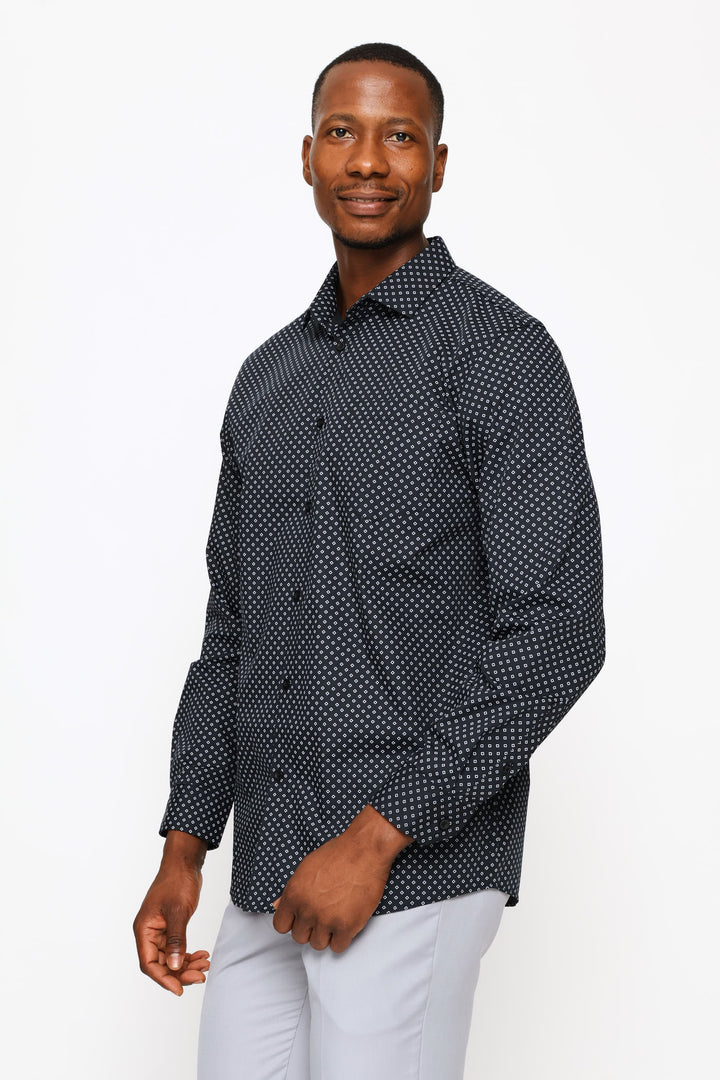 Regular Long Sleeve Ditsy Geo Printed Shirt - Black/White