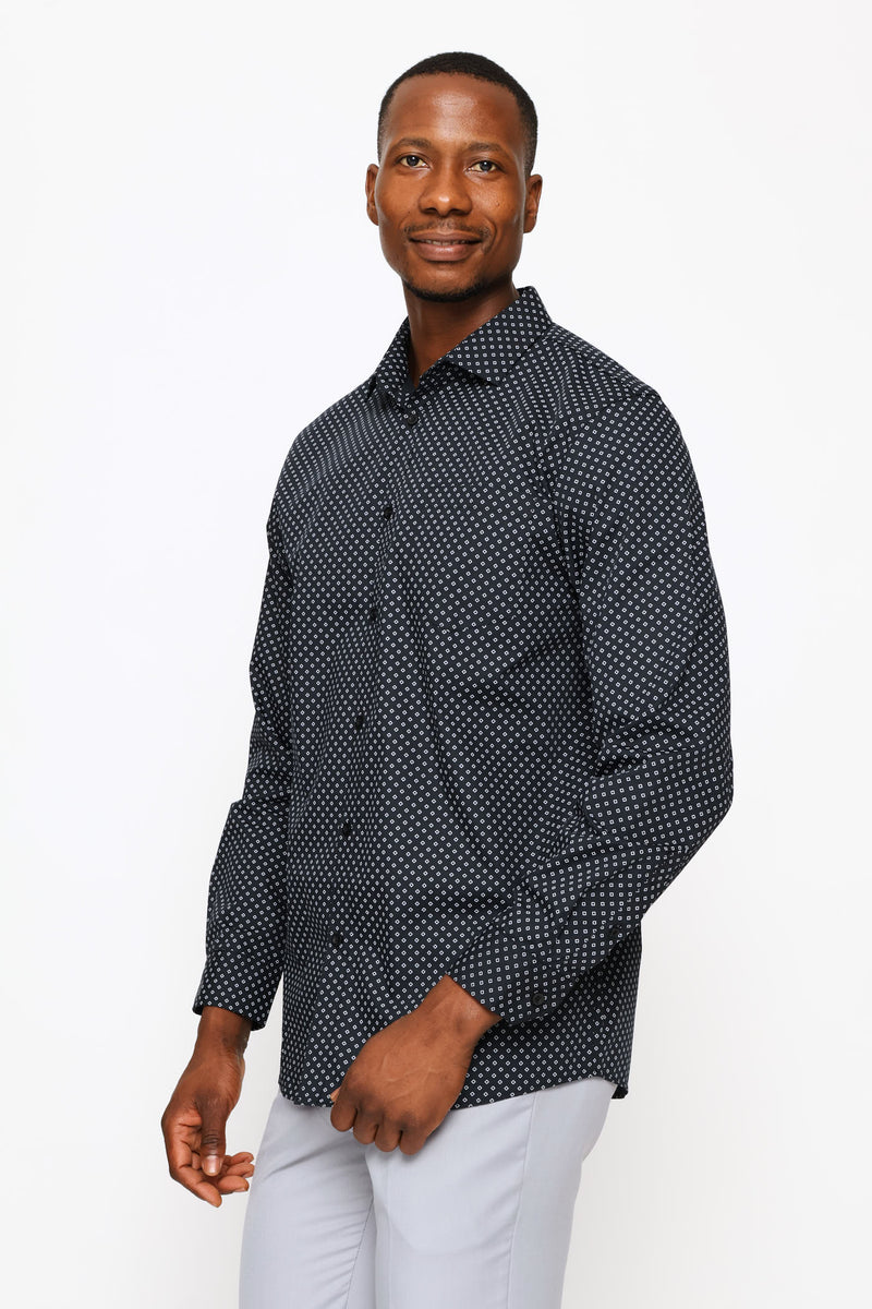 Regular Long Sleeve Ditsy Geo Printed Shirt - Black/White