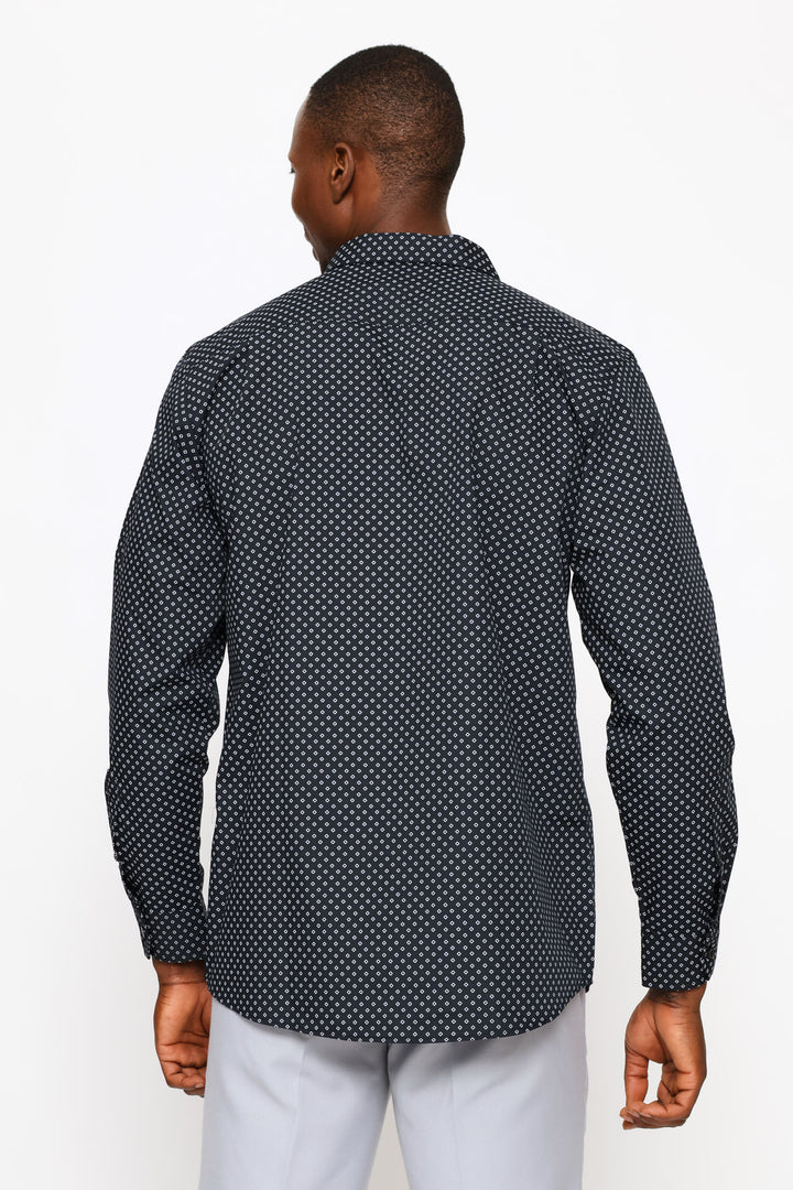Regular Long Sleeve Ditsy Geo Printed Shirt - Black/White