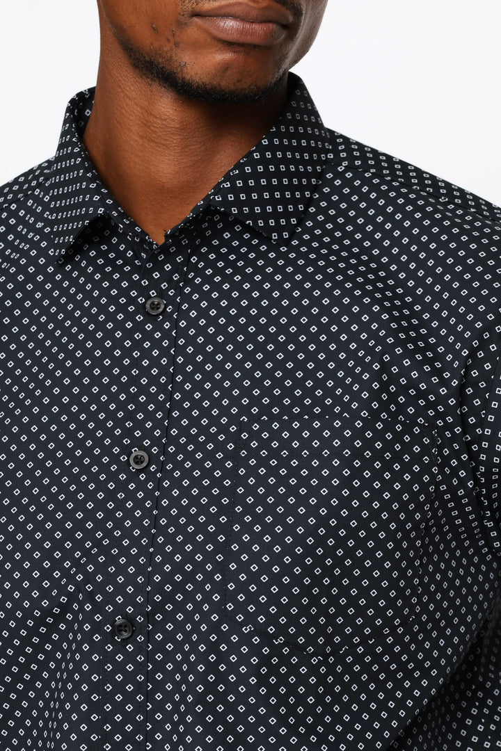 Regular Long Sleeve Ditsy Geo Printed Shirt - Black/White