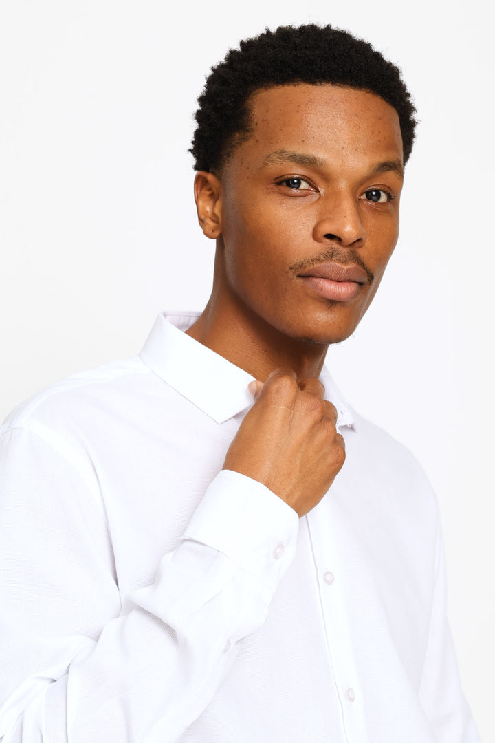 Long Sleeve Tonal Textured Shirt - White