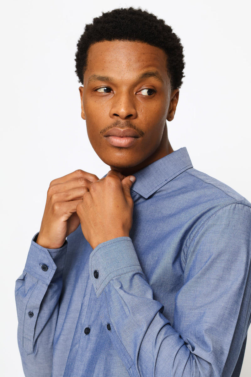 Long Sleeve Chambray Shirt - Mid Blue