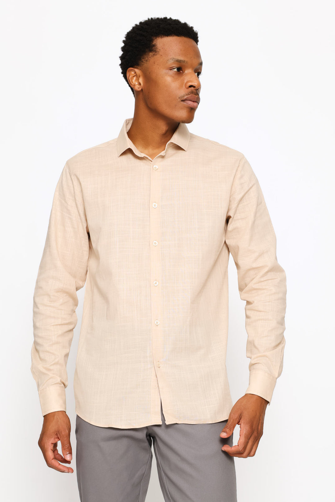 Long Sleeve Linen Look Cotton Shirt - Stone