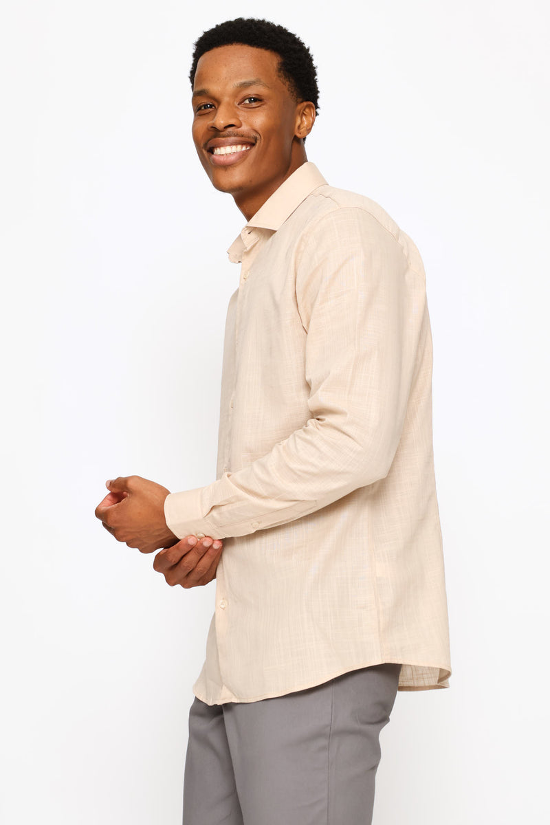 Long Sleeve Linen Look Cotton Shirt - Stone