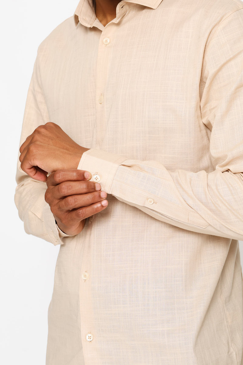 Long Sleeve Linen Look Cotton Shirt - Stone