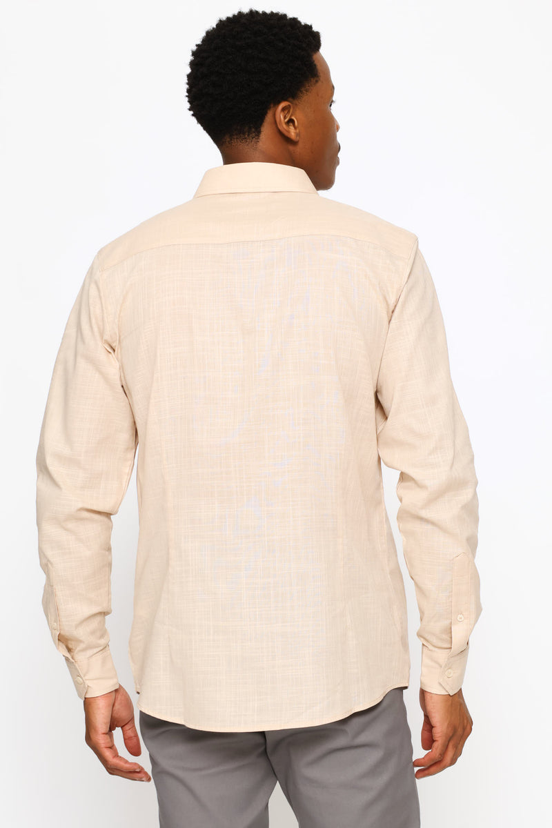 Long Sleeve Linen Look Cotton Shirt - Stone