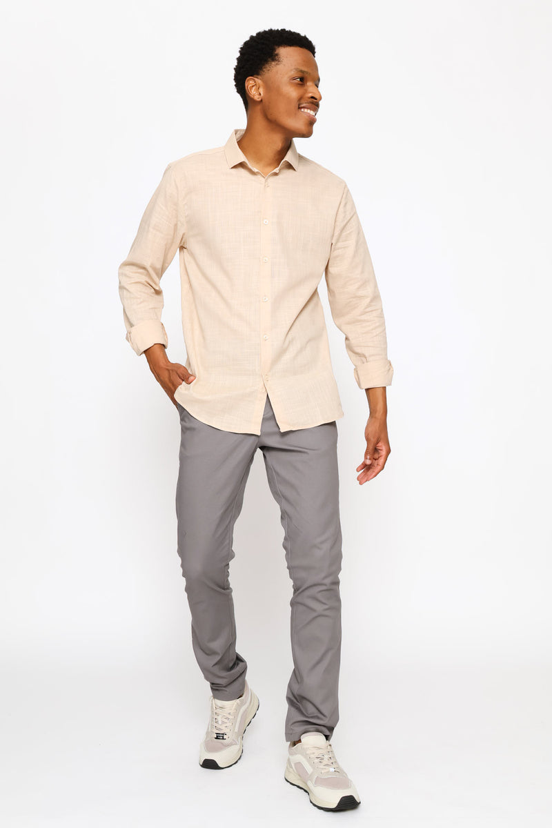 Long Sleeve Linen Look Cotton Shirt - Stone