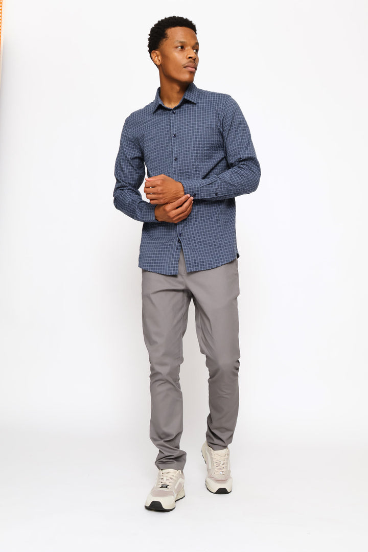 Long Sleeve Grid Check Textured Shirt - Indigo