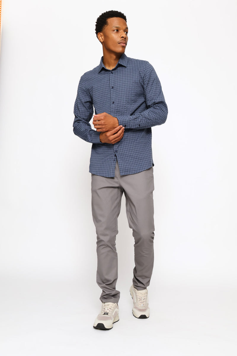 Long Sleeve Grid Check Textured Shirt - Indigo
