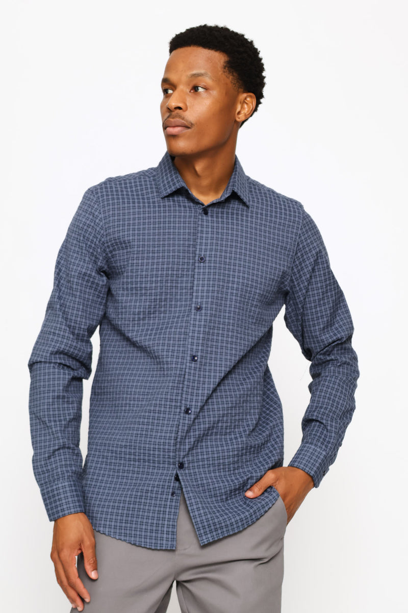 Long Sleeve Grid Check Textured Shirt - Indigo