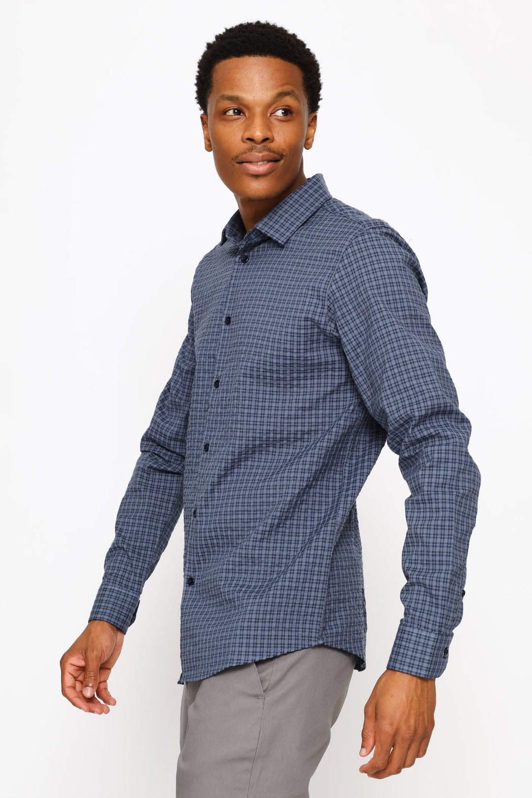 Long Sleeve Grid Check Textured Shirt - Indigo