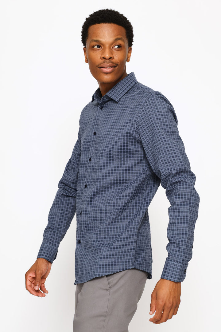 Long Sleeve Grid Check Textured Shirt - Indigo