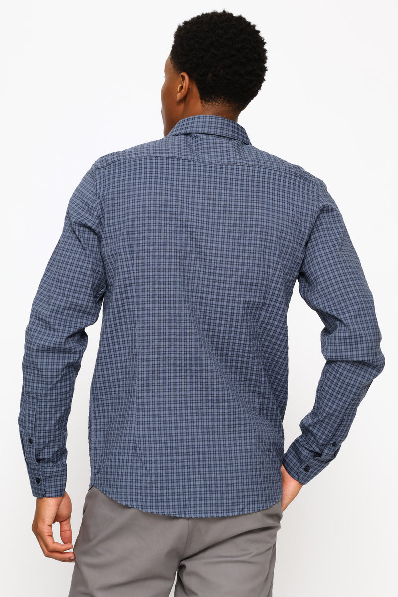 Long Sleeve Grid Check Textured Shirt - Indigo