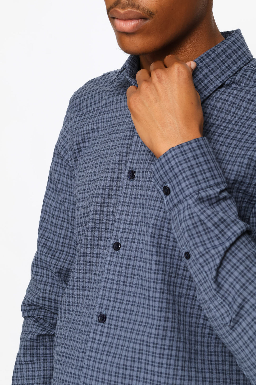 Long Sleeve Grid Check Textured Shirt - Indigo