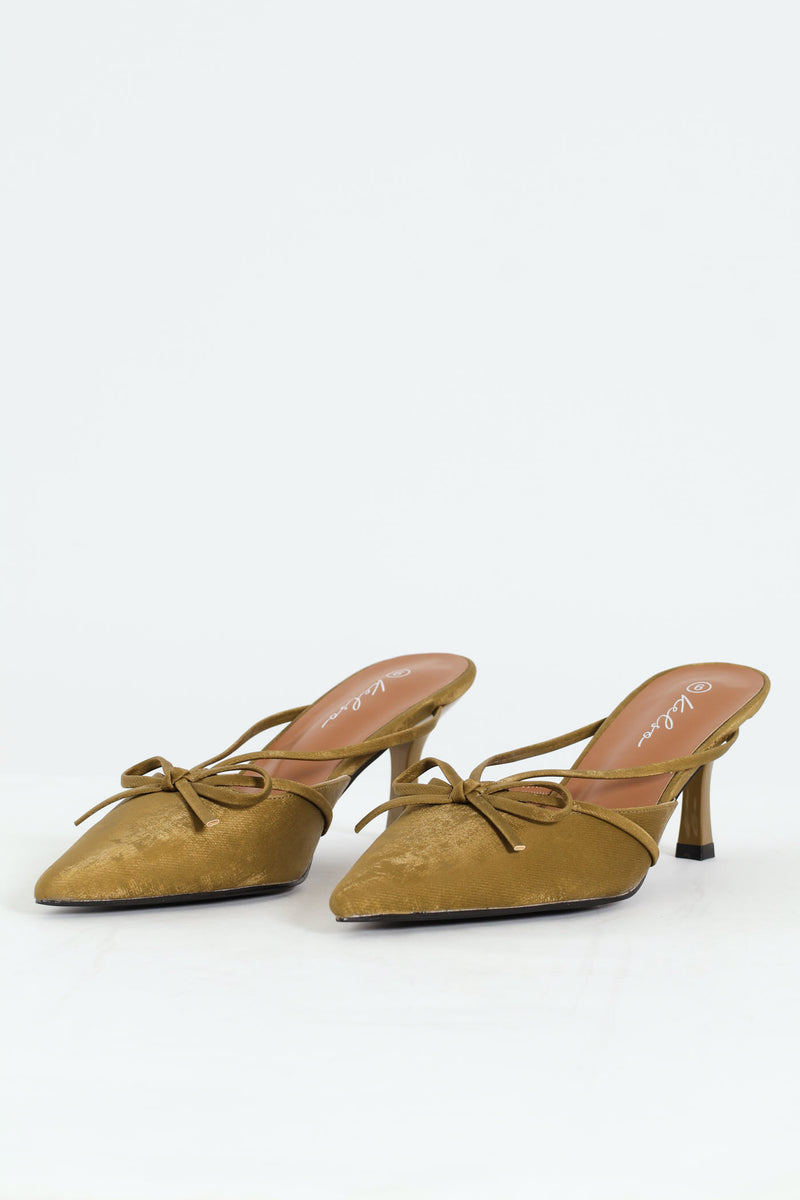 Pointy Bowed Mule Slingback Kitten Heel - Olive