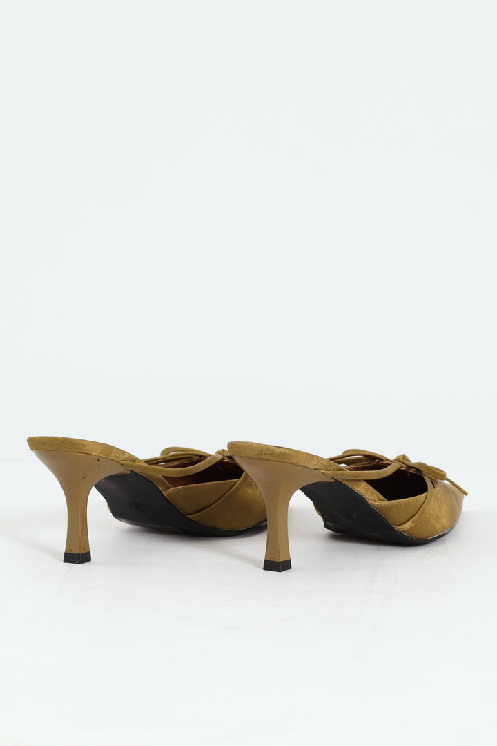 Pointy Bowed Mule Slingback Kitten Heel - Olive