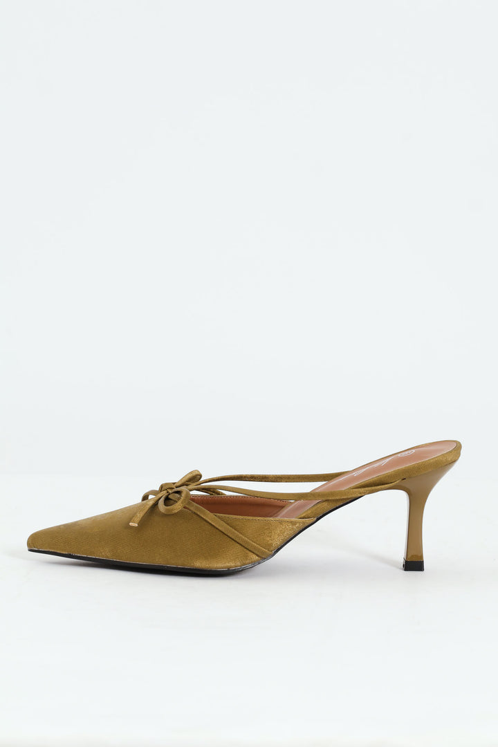 Pointy Bowed Mule Slingback Kitten Heel - Olive