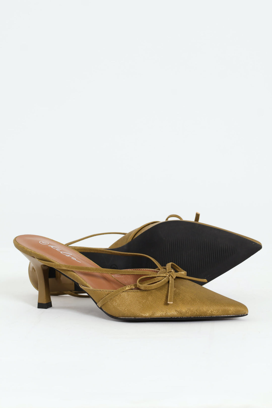 Pointy Bowed Mule Slingback Kitten Heel - Olive