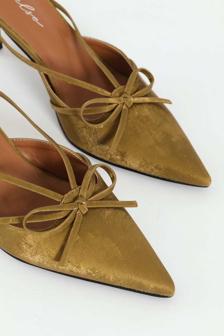 Pointy Bowed Mule Slingback Kitten Heel - Olive