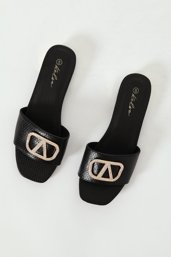 Single Band Low Block Heeled Sandal With Trim - Black