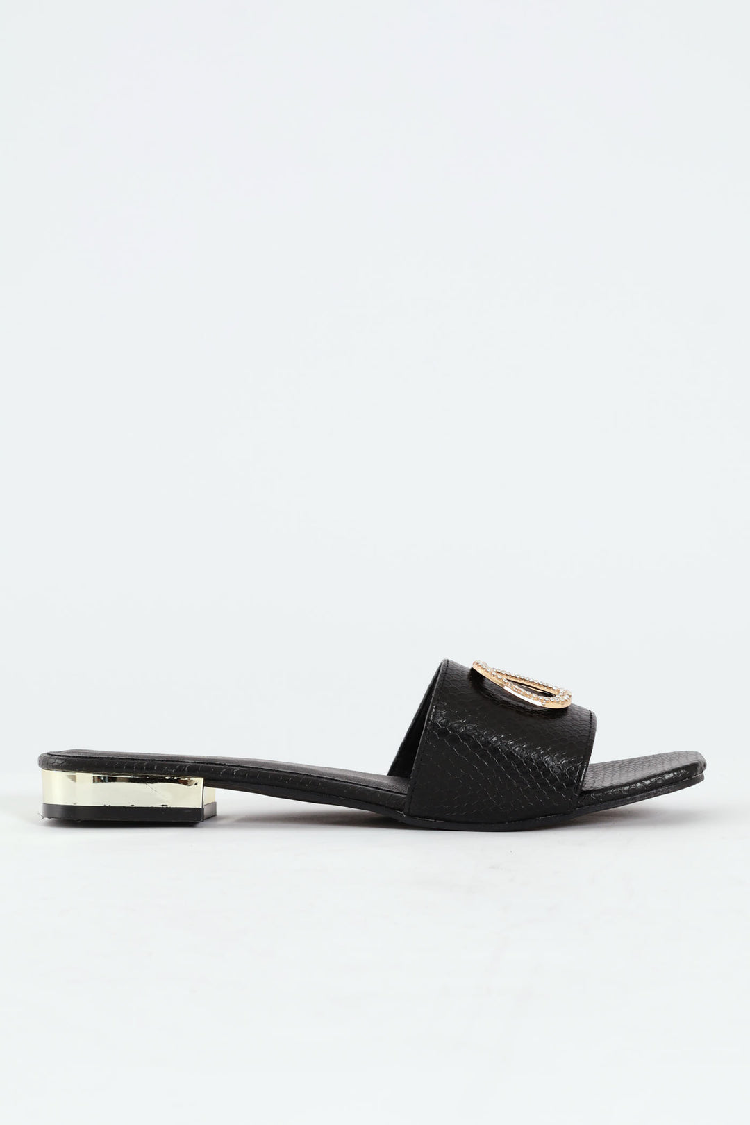 Single Band Low Block Heeled Sandal With Trim - Black