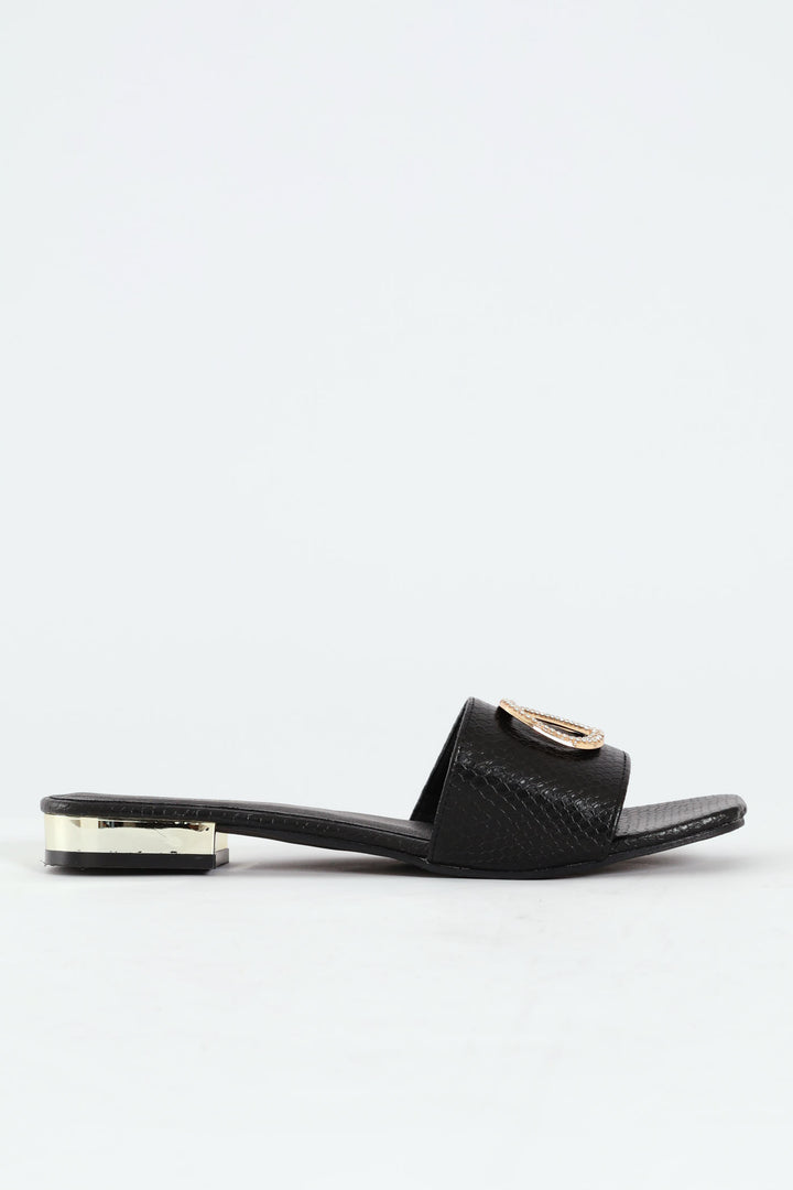 Single Band Low Block Heeled Sandal With Trim - Black