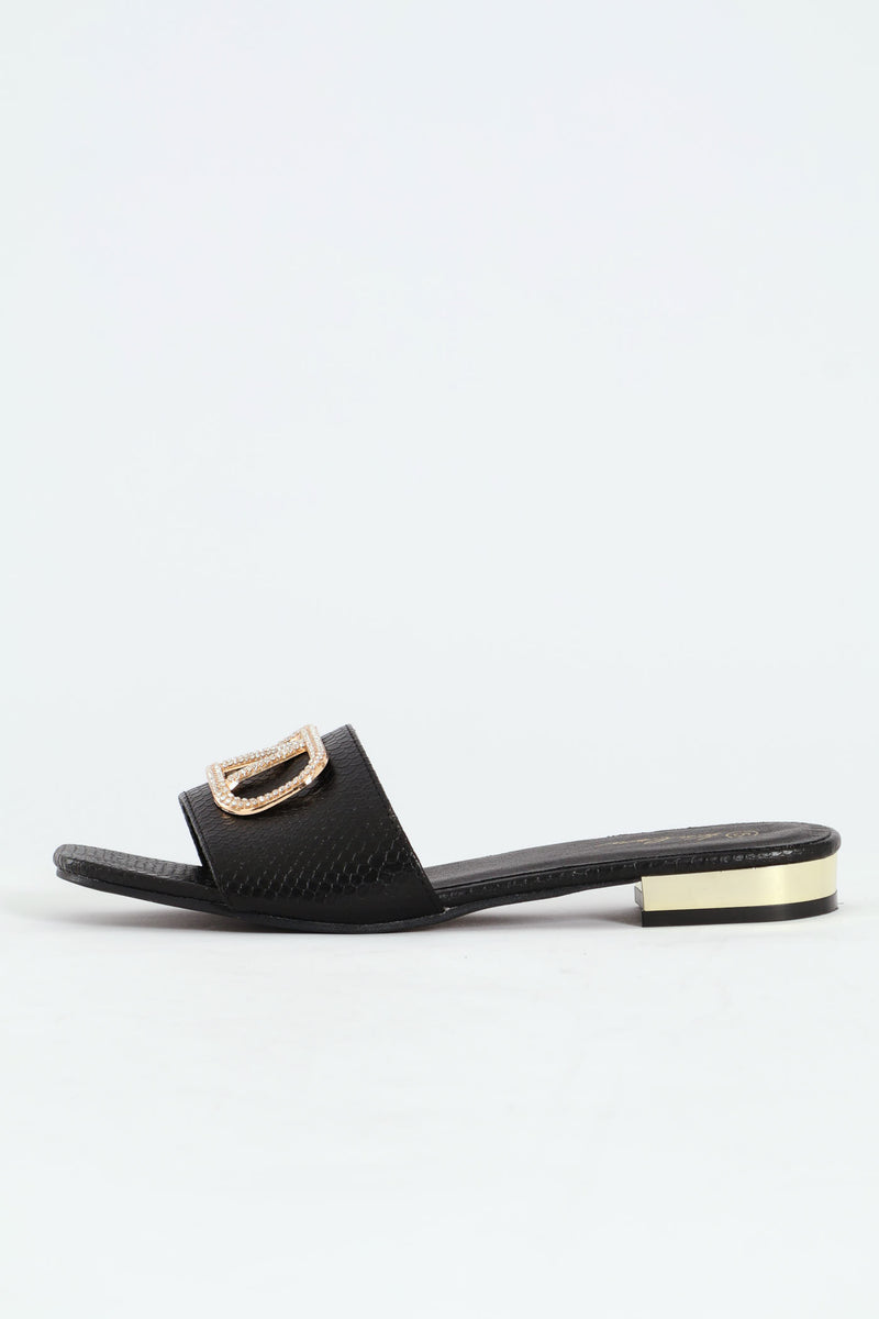 Single Band Low Block Heeled Sandal With Trim - Black