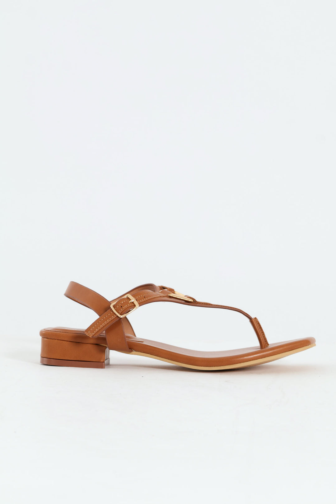 Low Block Heel Thong Sandal With Trim Detail - Tan