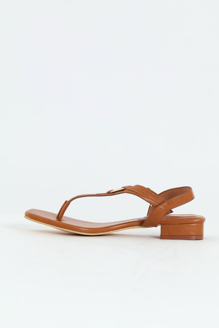 Low Block Heel Thong Sandal With Trim Detail - Tan
