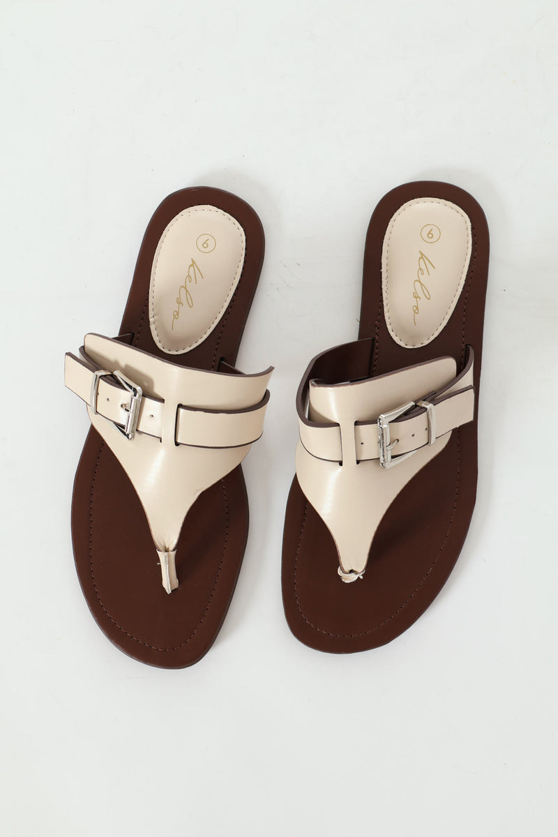 Padded Sock & Buckle Detail Thong Sandal - Off White