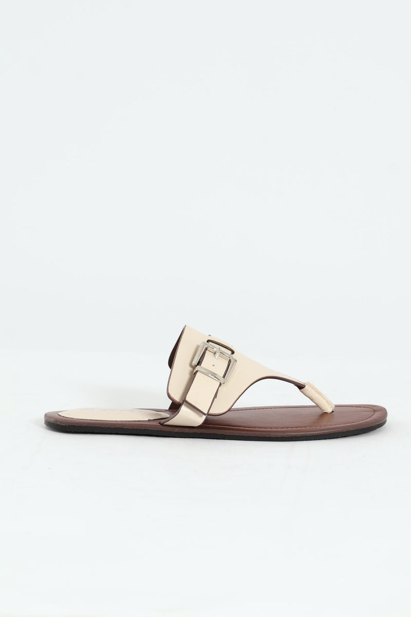 Padded Sock & Buckle Detail Thong Sandal - Off White