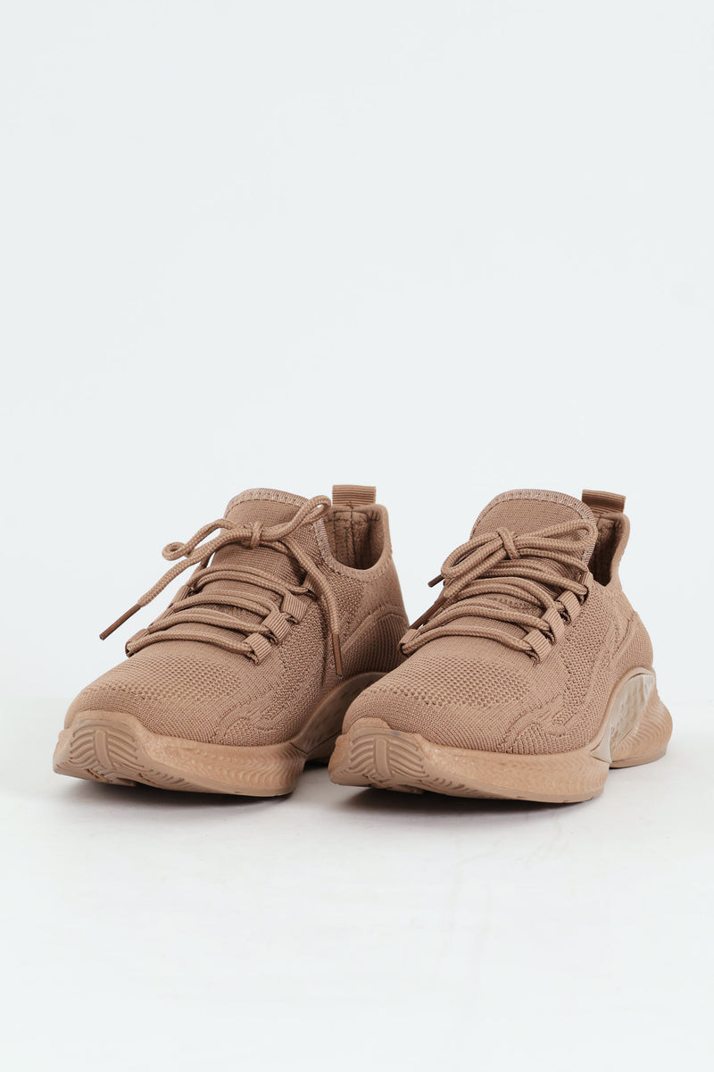 Basic Fly Knit Lace Up Slip On Sneaker - Taupe