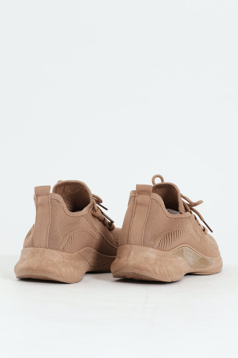 Basic Fly Knit Lace Up Slip On Sneaker - Taupe
