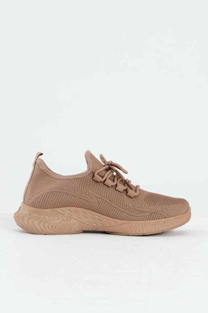 Basic Fly Knit Lace Up Slip On Sneaker - Taupe