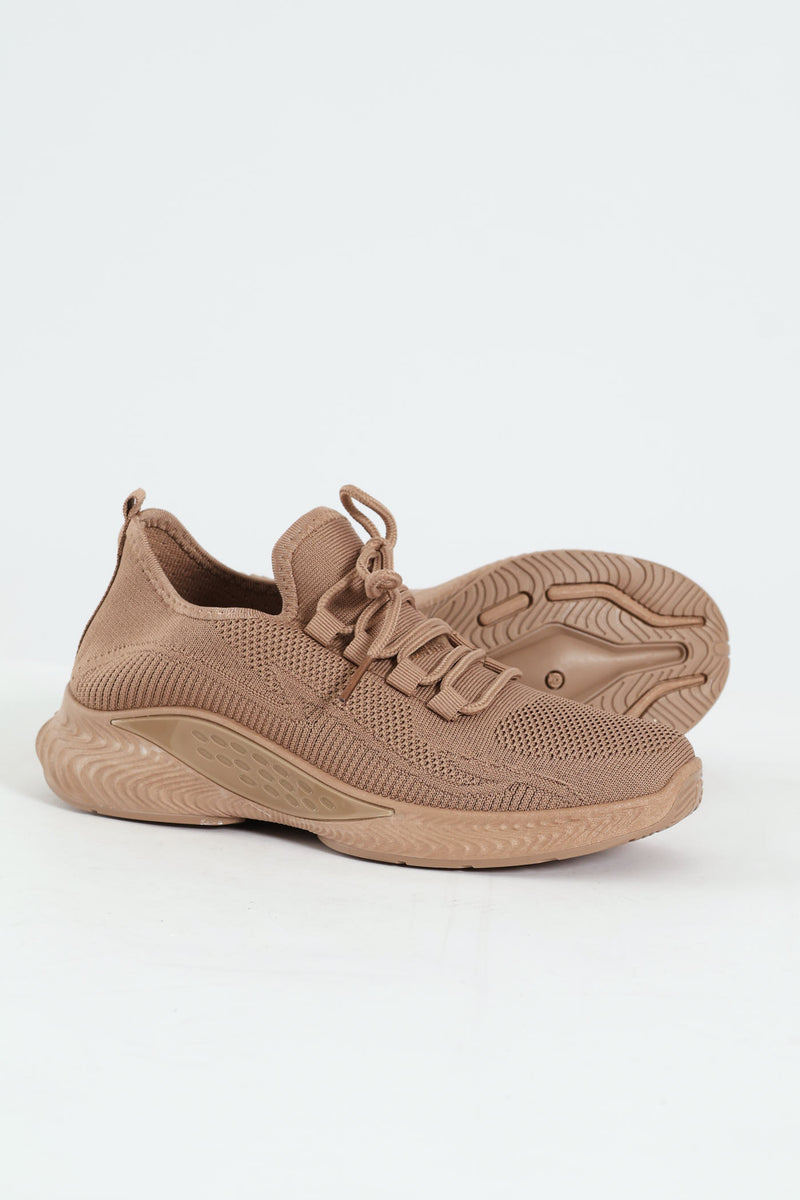 Basic Fly Knit Lace Up Slip On Sneaker - Taupe