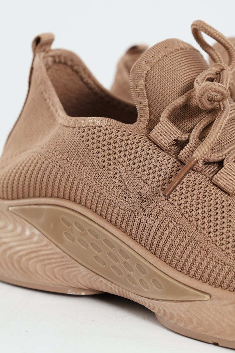Basic Fly Knit Lace Up Slip On Sneaker - Taupe