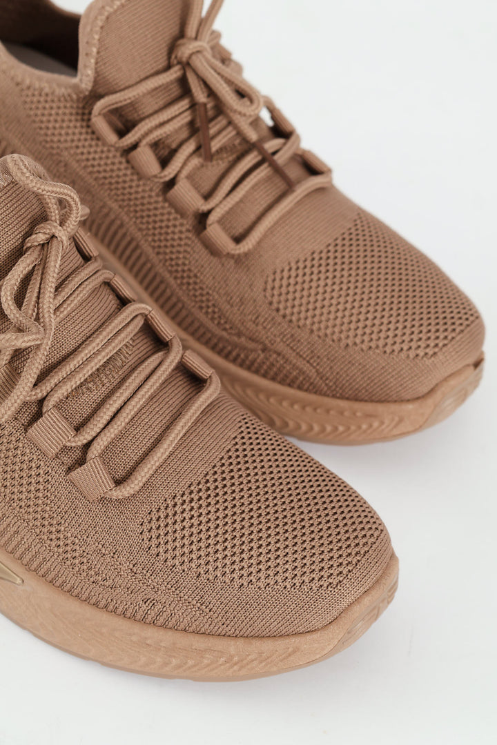 Basic Fly Knit Lace Up Slip On Sneaker - Taupe