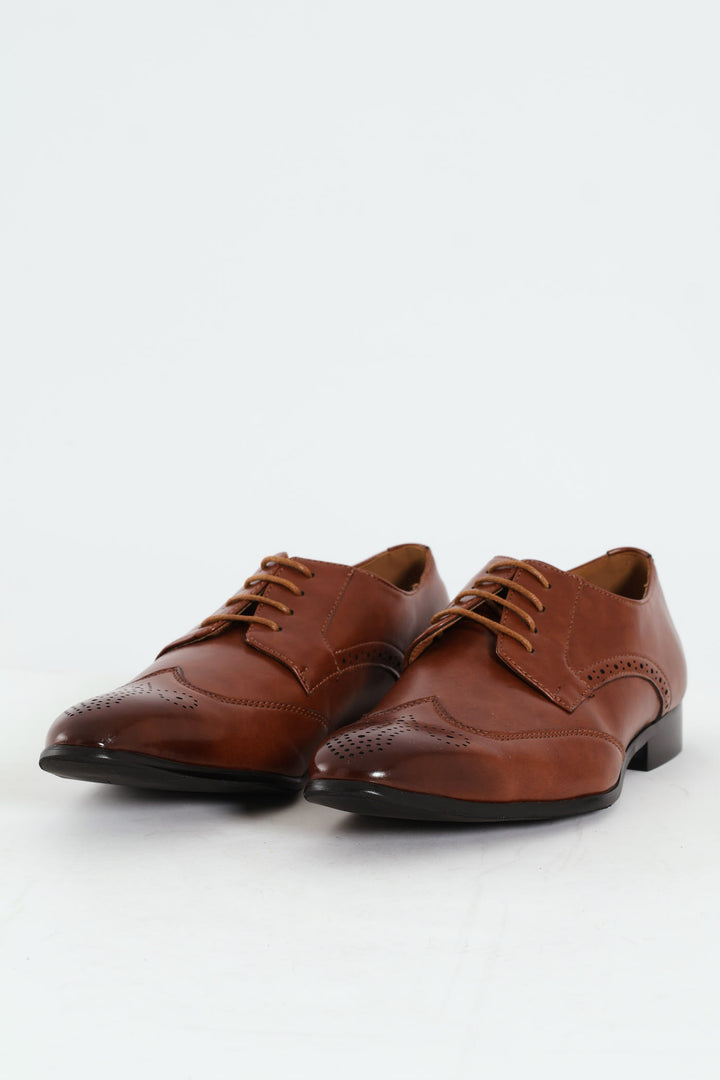 Stitched Wing Detail Lace Up Derby Shoe - Tan