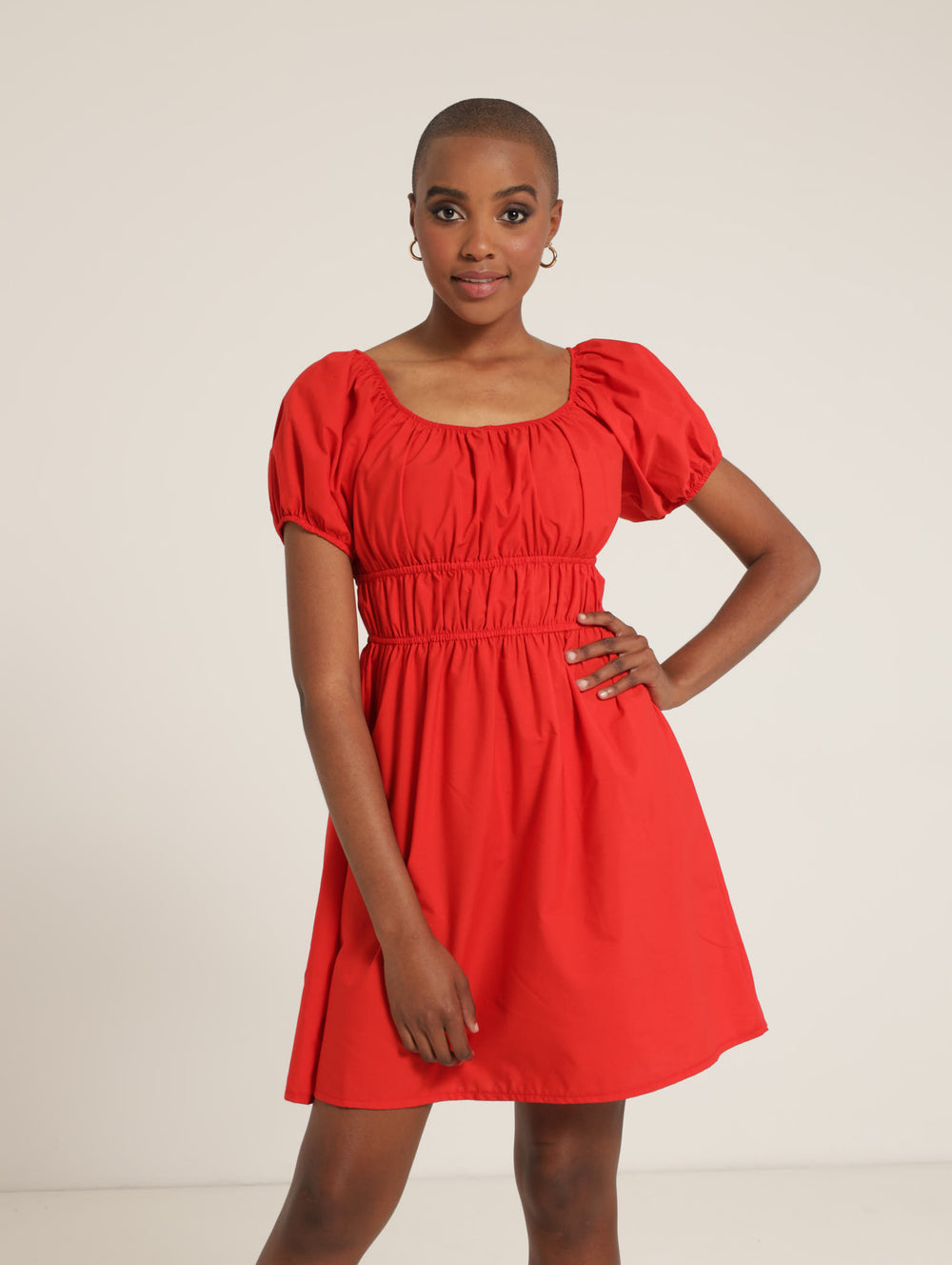 Puff Sleeve Elastic Waist Poplin Mini Dress - Red
