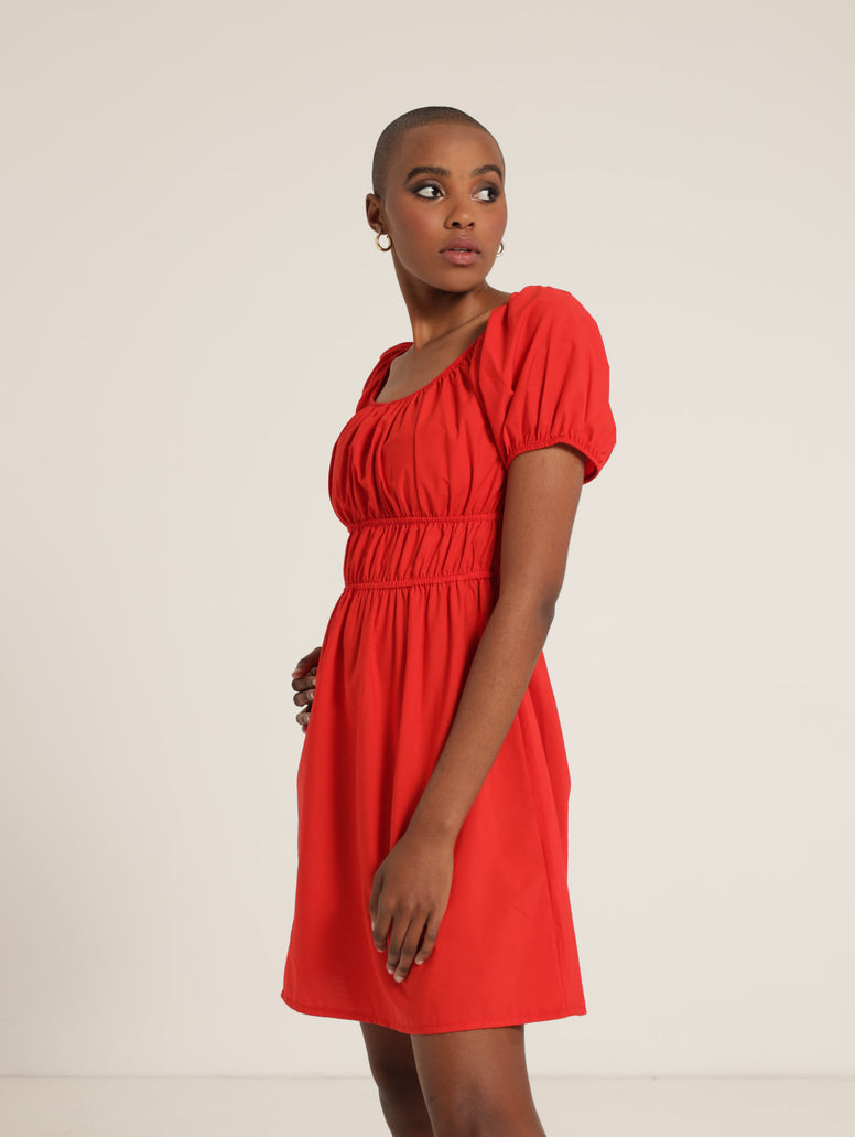 Puff Sleeve Elastic Waist Poplin Mini Dress - Red