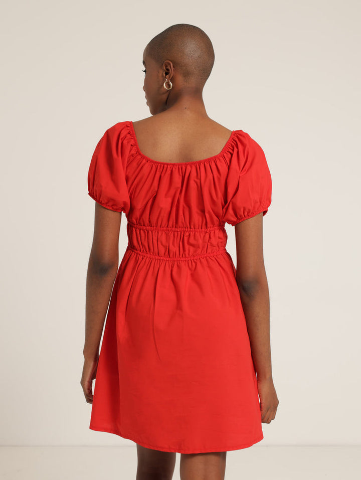 Puff Sleeve Elastic Waist Poplin Mini Dress - Red