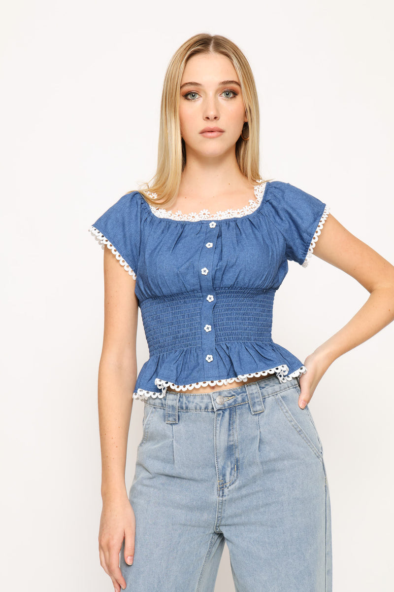 Cap Sleeve Woven Peplum Top - Blue