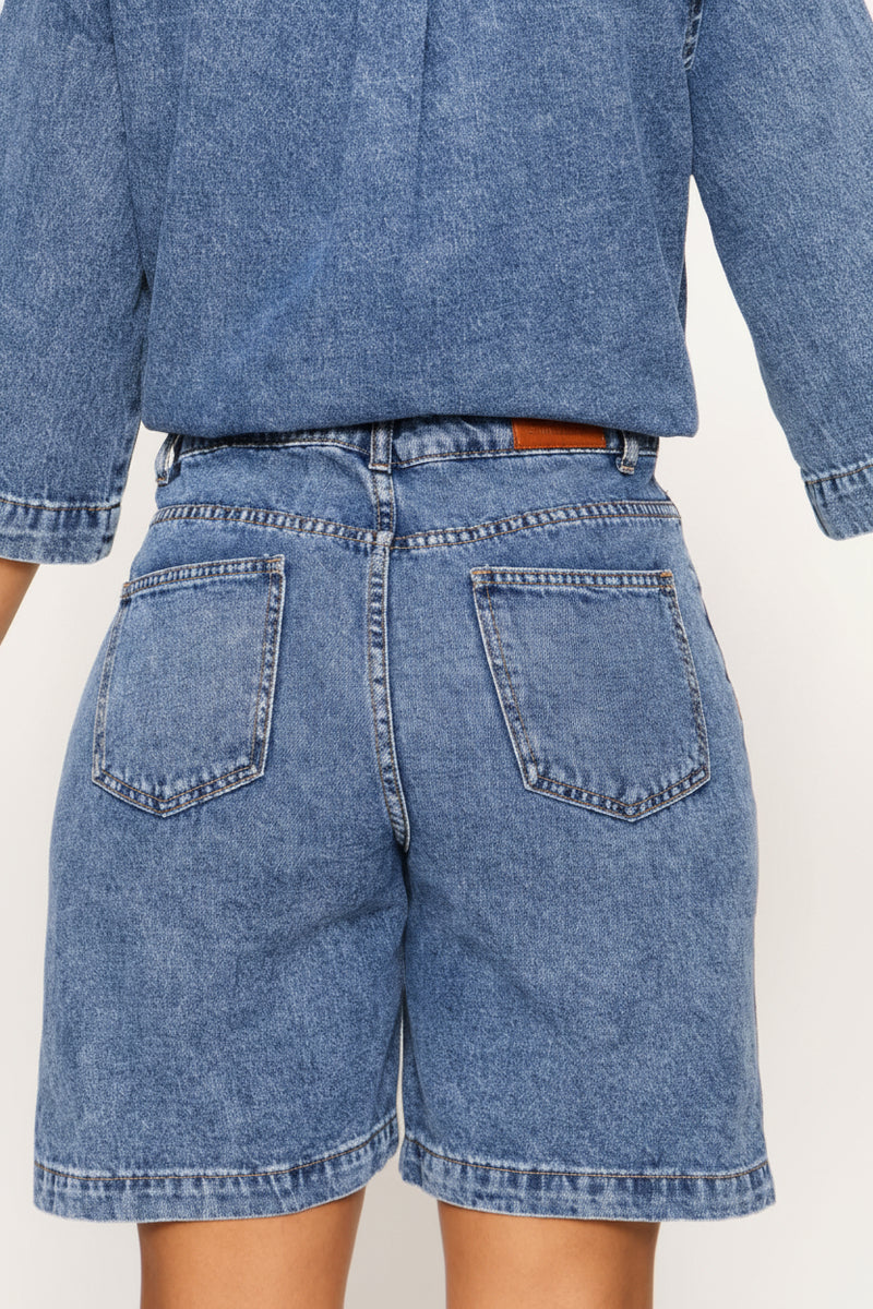 Hi-Rise Boyfriend Denim Mid Thigh Shorts - Medium Wash
