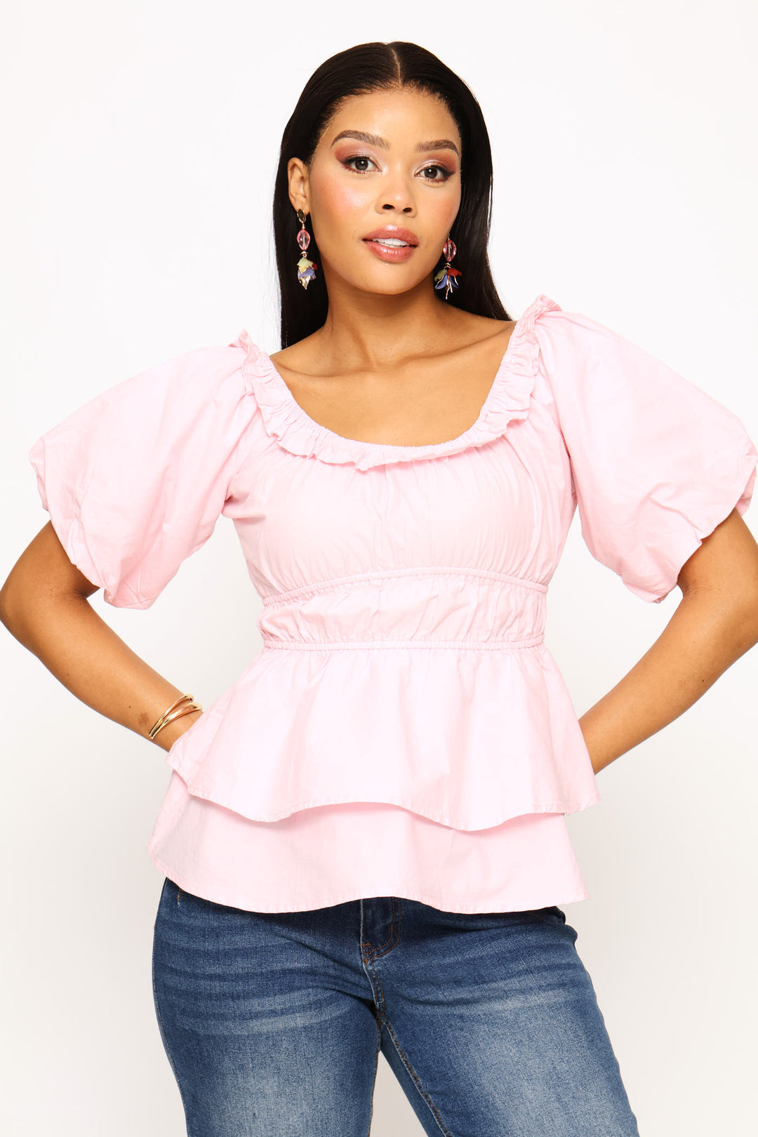 Bubble Sleeve Tiered Peplum Blouse - Light Pink