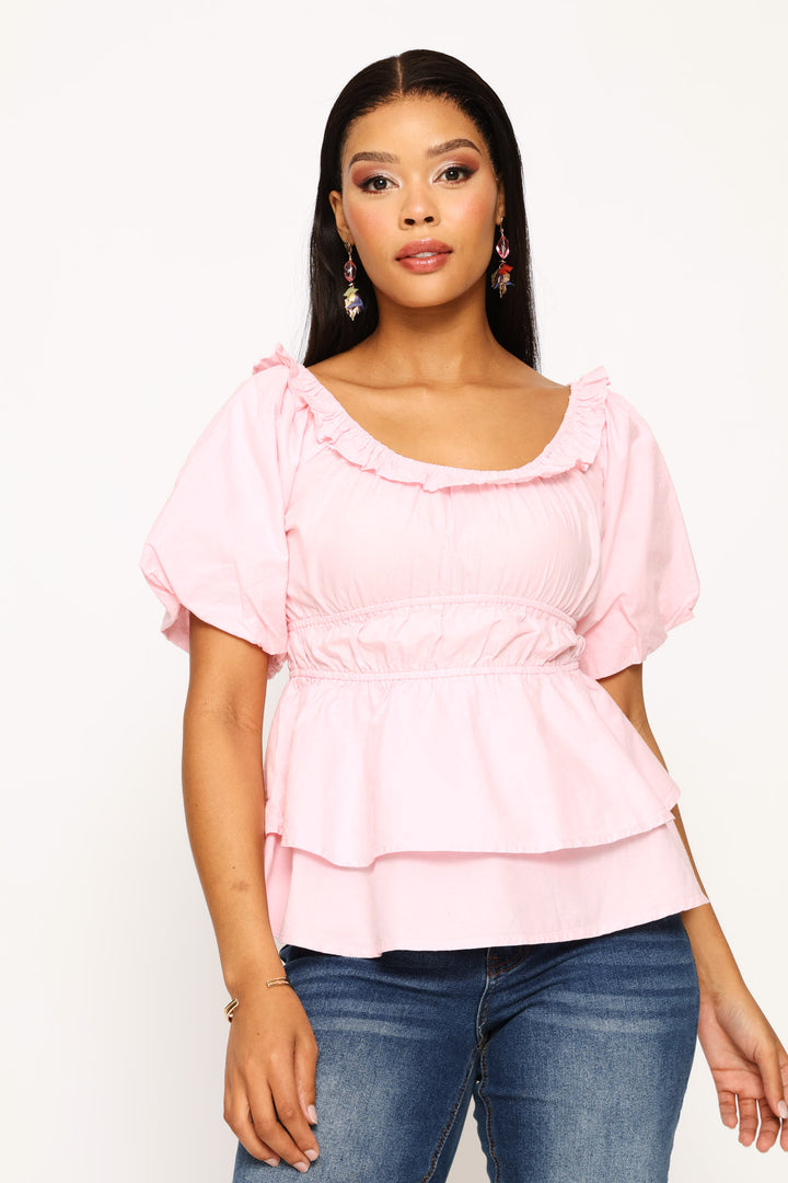 Bubble Sleeve Tiered Peplum Blouse - Light Pink