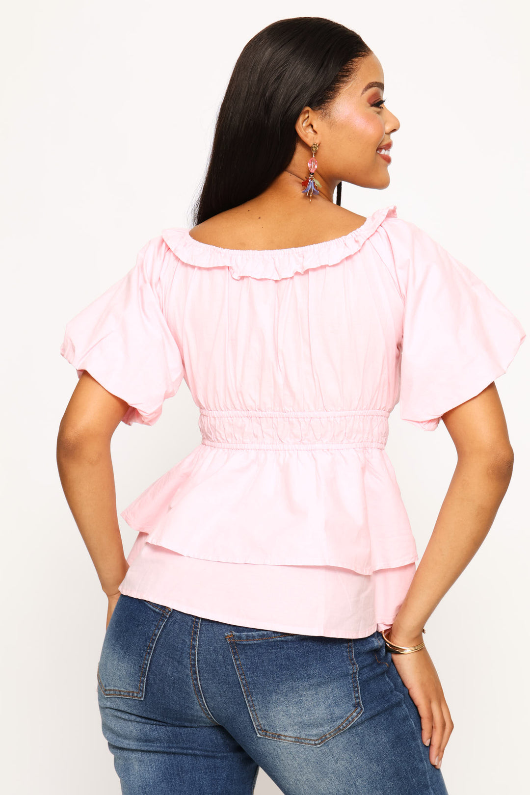 Bubble Sleeve Tiered Peplum Blouse - Light Pink