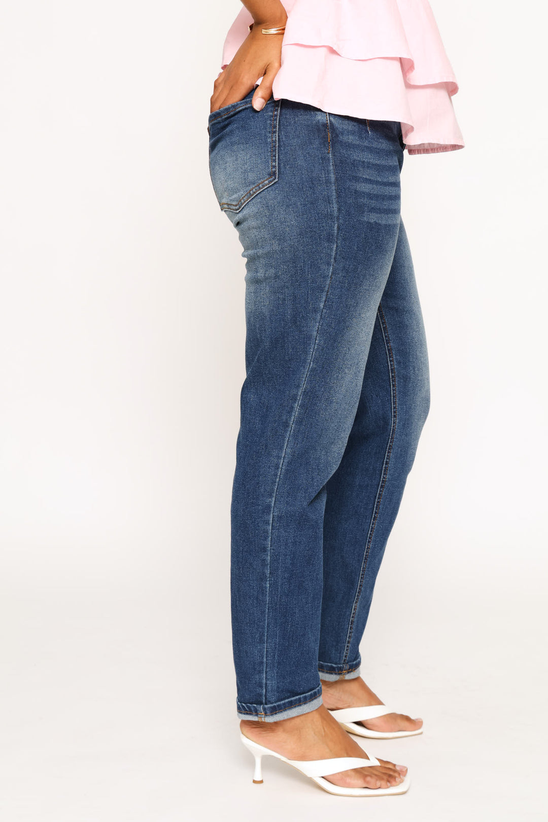 Pocket Detail Turnup Mom Jeans - Mid Wash